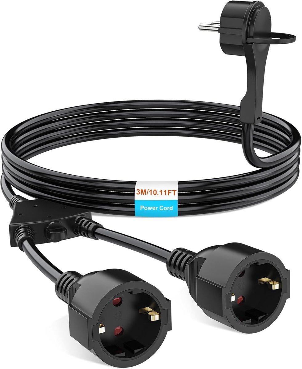 SnelShoppen - 3 m Power Cable Extension Kabel, 2-Way Buiten Verlengkabel met Platte Stekker, IP44, Geschikt voor Thuis en Kantoor, Tot 250 V/16 A, Zwa