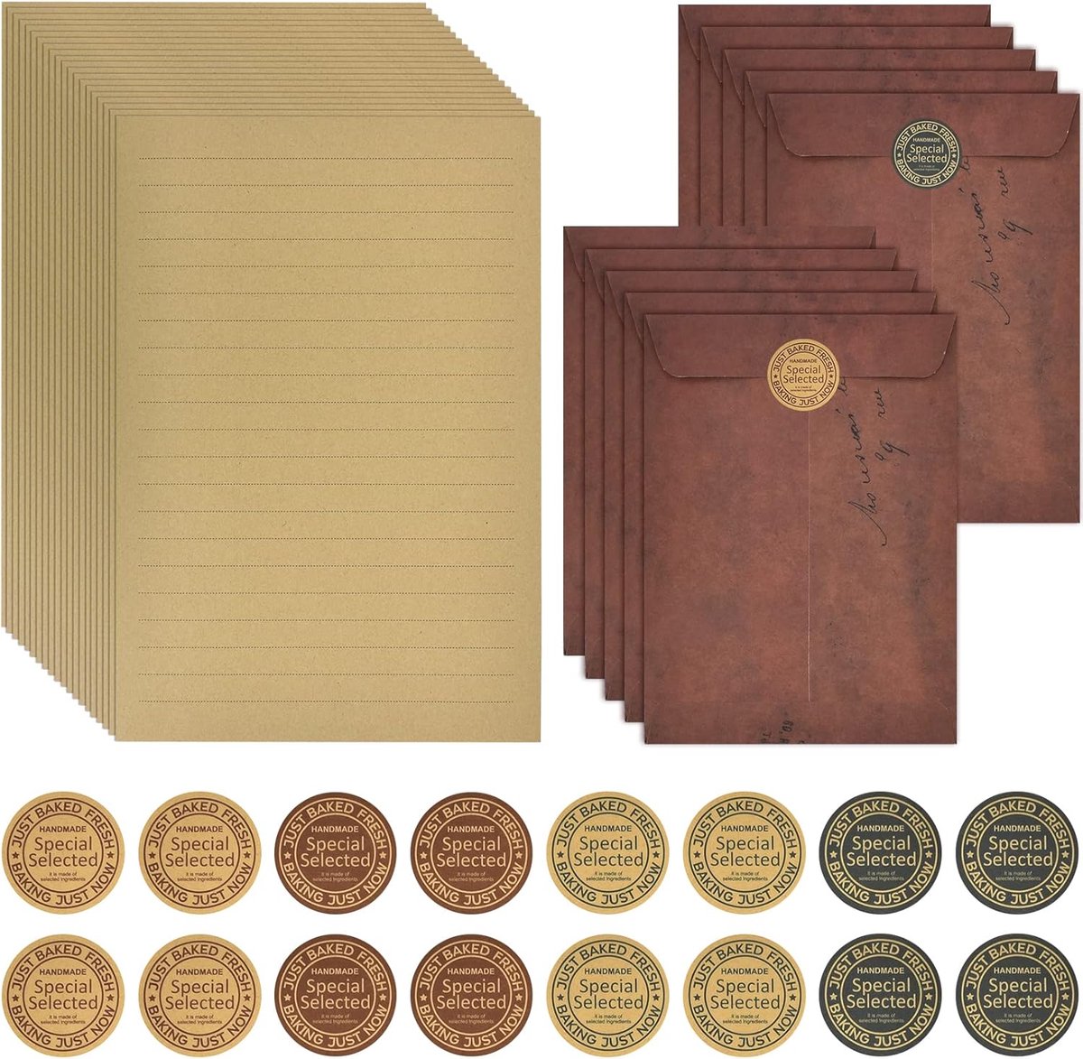 SnelShoppen - Vintage Envelopes en Stationery Set, 32 Vel Gestreept A5, 10 Enveloppen en Stickers, Hoogwaardige Briefpapier voor Bruiloft, Verjaardag,