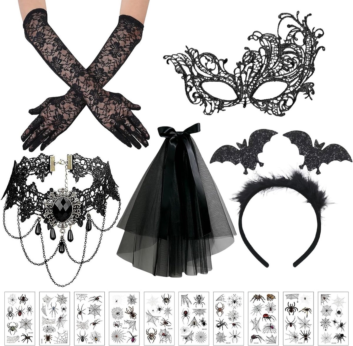 5/6 Stuks Halloween Steampunk Damesaccessoires, Kostuum met Bat Haarband, Oogmasker, Kanten Ketting en Halloween Tatoeages voor Cosplay en Feestjes
