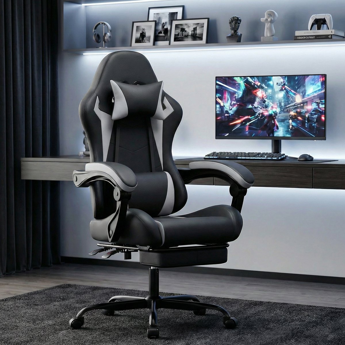 MODENUIT Gamingstoel 127 x 66 cm - Ergonomisch met Hoofdsteun - Voor Werk en Gamen - Kunstleer Zwart-wit