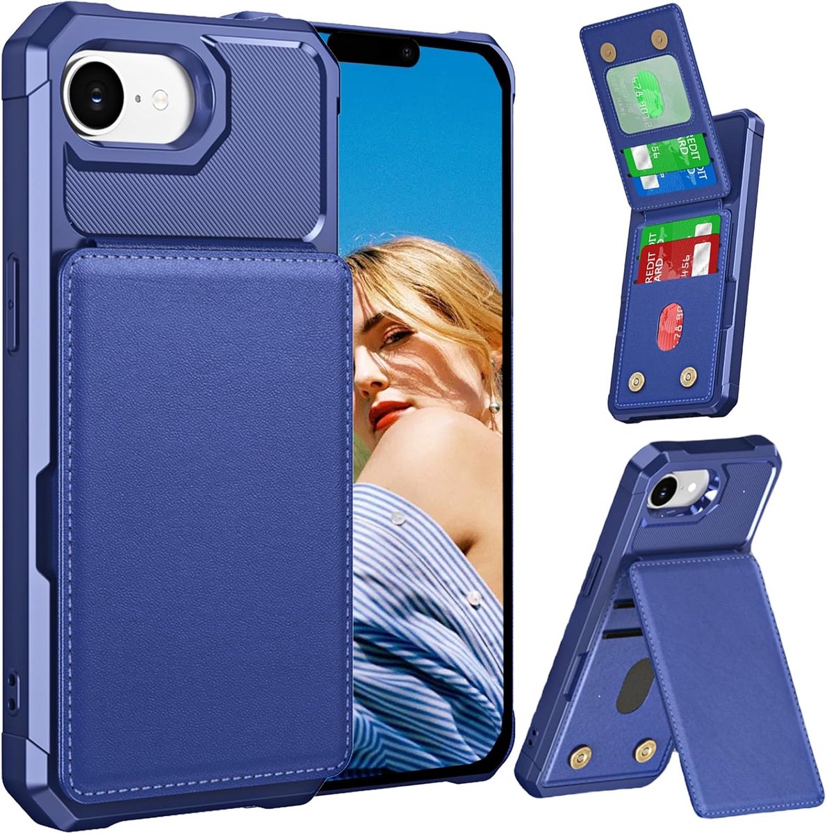 SnelShoppen - Wallet Case voor iPhone 16E / 17E - PU Leer, Kaarthouder, Beschermhoes, ZM Blauw, Top en Bottom Flip Design, 6.1 Inch, Perfect voor Dage