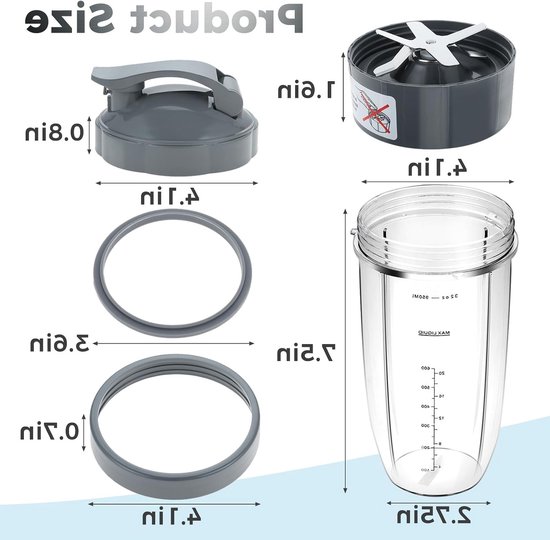 8-delige Set Vervangende Blenderbekers en Mesjes, 945ml Grote Beker met Flip Top Deksel, Inclusief Rubber O-ringen en Borstel voor Blender 600W/900W Modellen — afbeelding 5
