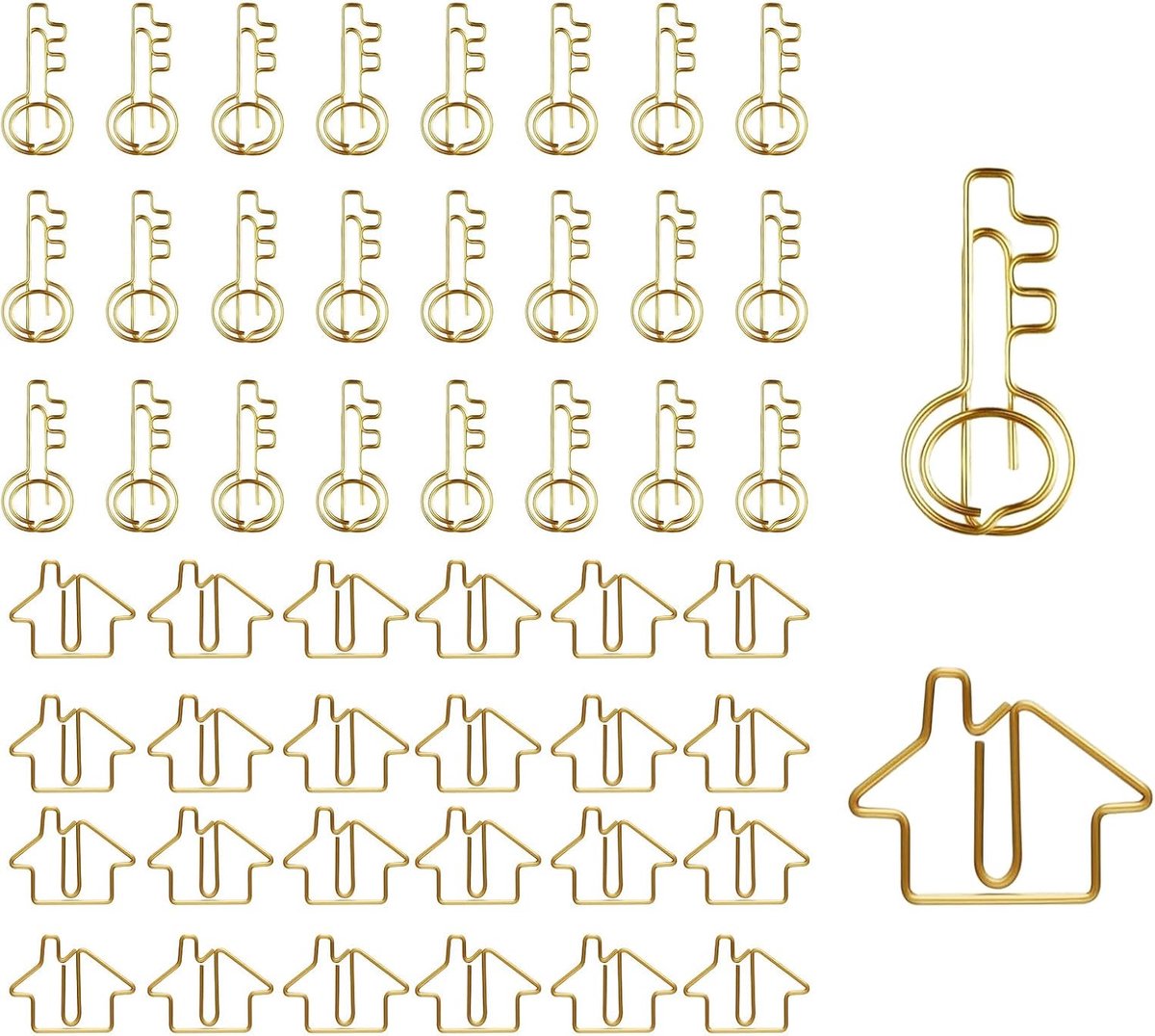 SnelShoppen - 50 Paper Clips - 25 Stuks - Huisvormige en Sleutelvormige Kantoor Paperclips - Goudkleurig - Ideaal voor Kantoor, School en Thuisgebruik