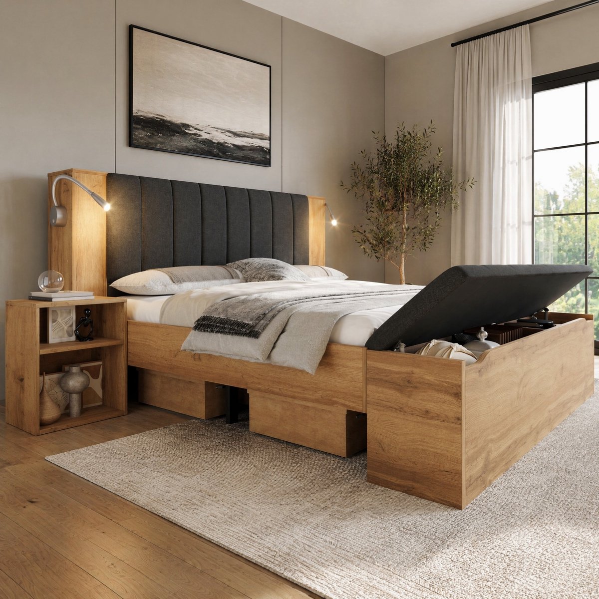COVREO tweepersoons bed 180 x 200 cm - met opbergruimte, nachtkastjes, leeslampen en USB, 