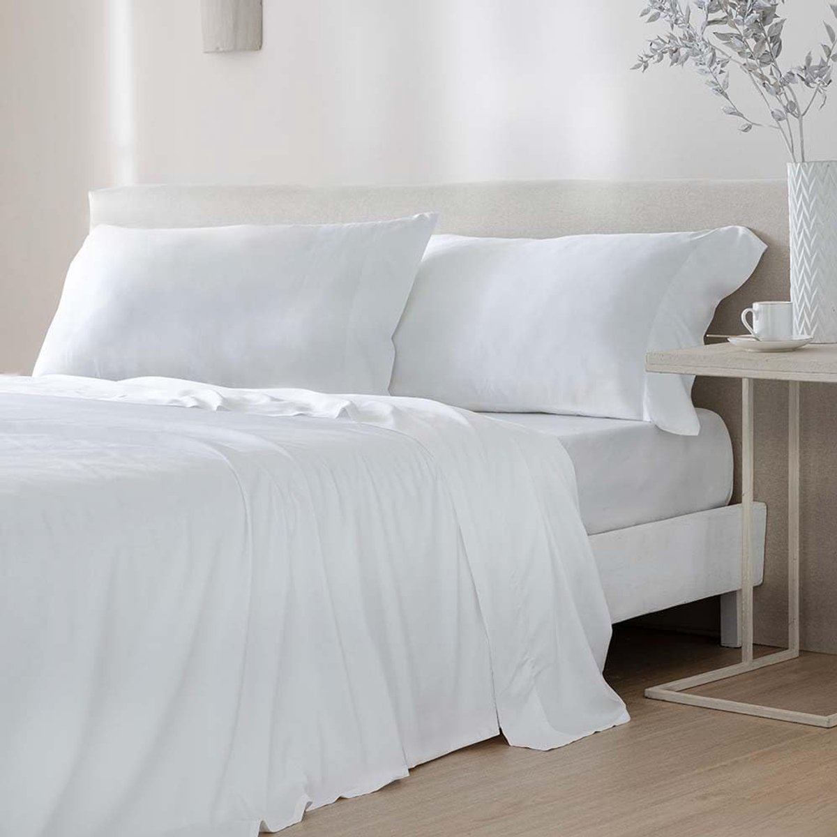 SnelShoppen - Eco Vriendelijke Bamboo Beddeken Set 200x190/200 cm - Witte Organische Hypoallergene Bamboe Bedding - Inclusief Laken en 2 Kussenslopen