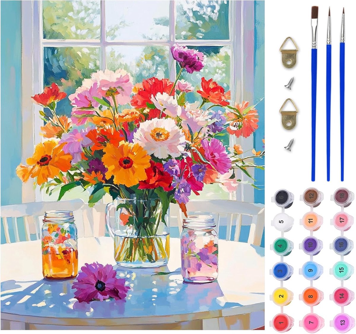 SnelShoppen - Schilderen op Nummer voor Volwassenen - Kleurrijke Bloempot Schilderkit - DIY Acrylverf Set met 3 Penselen - Creatieve Hobby voor Thuis