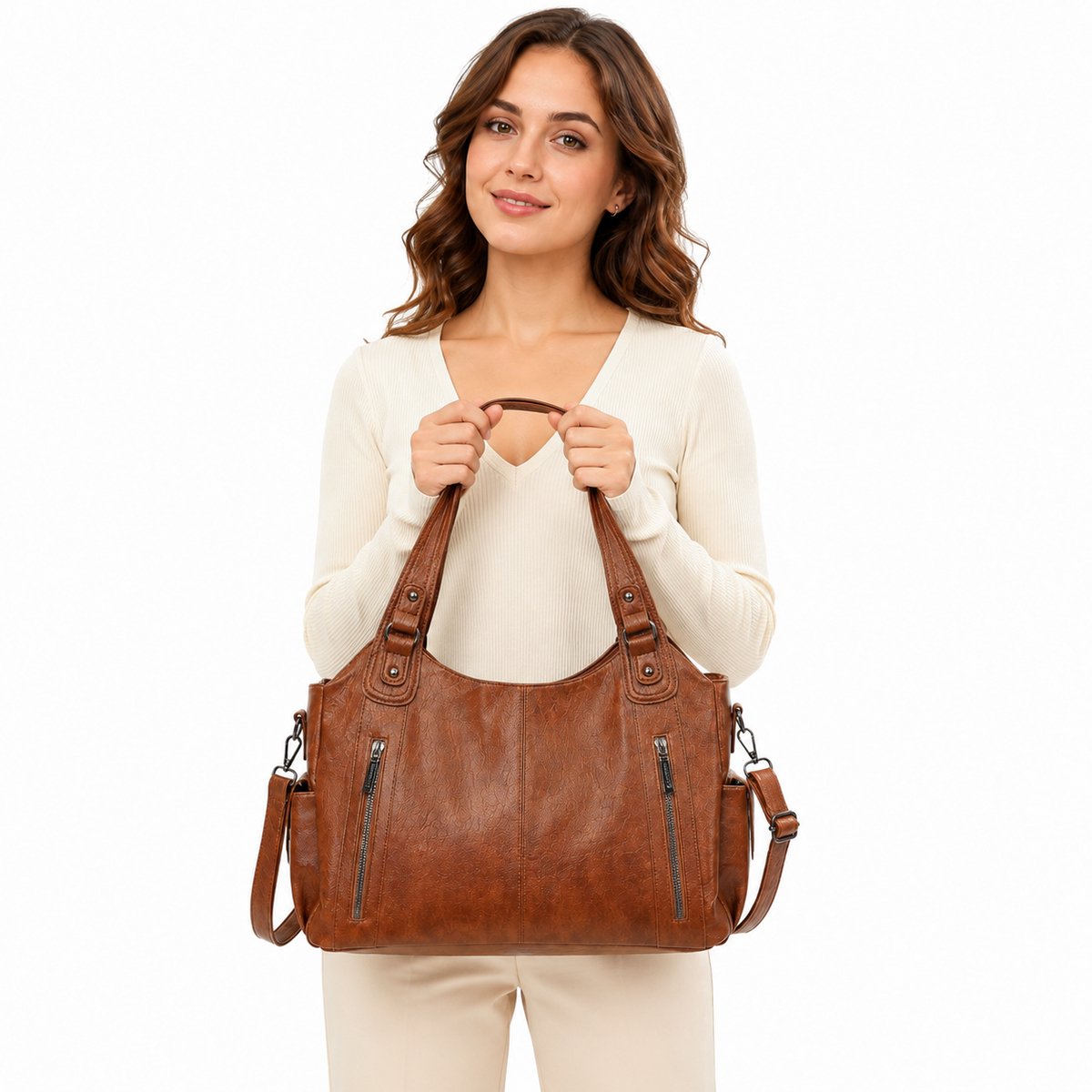 VHV - Handtas dames - Schoudertas dames - Shopper tas groot - Tote bag - PU-leer - Met rits - Vintage design - Voor werk en school - 45*25*15cm - Bruin