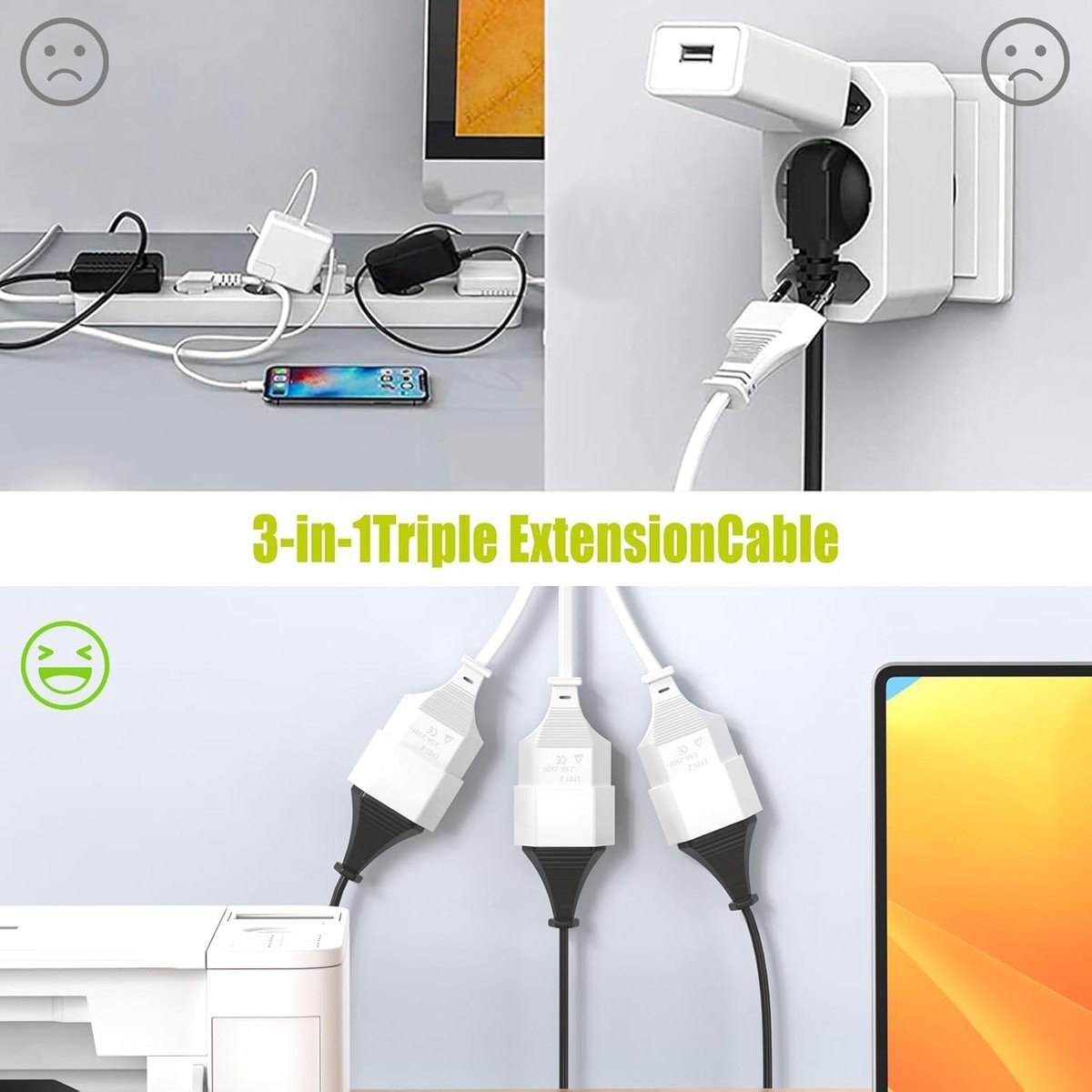 SnelShoppen - 10m Power Cable Extension Kabel, 3-in-1 Euro Plug naar Triple Type C, 0.75mm² Max 2.5A/250V voor TV, PC, Monitor, Projector, Lamp, Wit