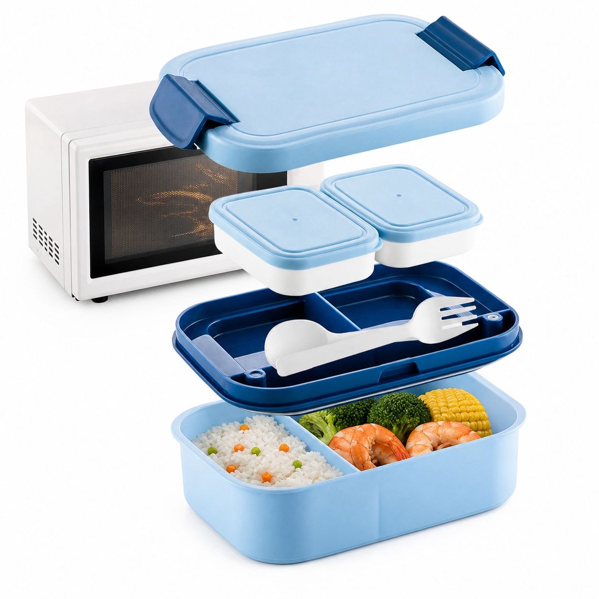 VHV-Bento Lunchbox met Vakken - 1000ml Broodtrommel voor Werk en School - Magnetronbestendige Maaltijdcontainer met Bestek - Lekvrij en BPA-vrij