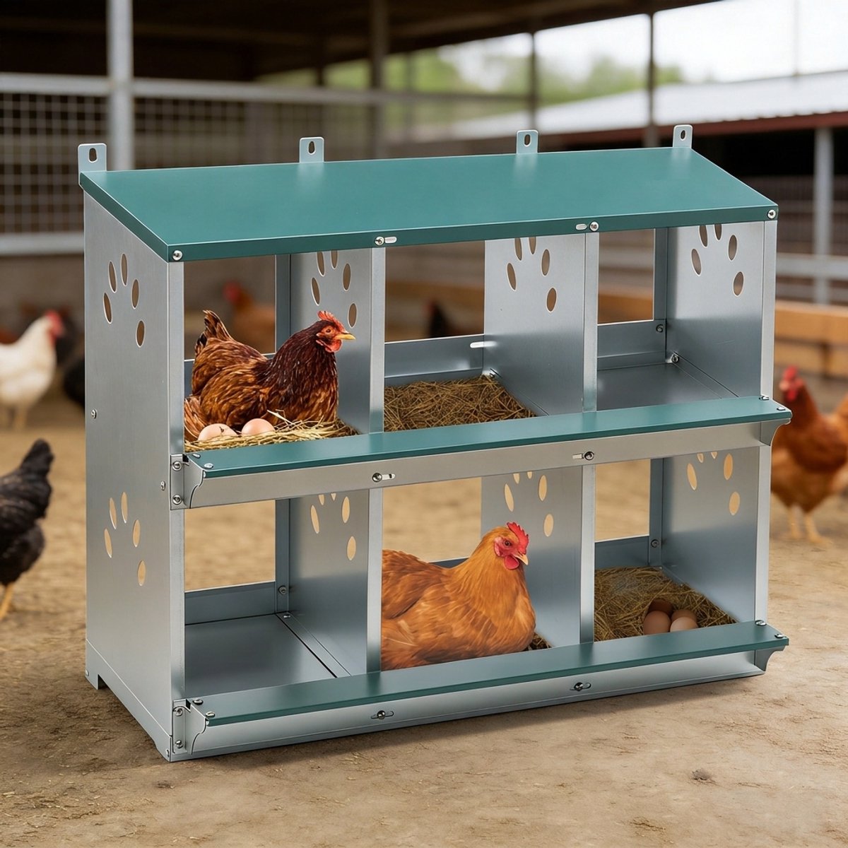 Legnest voor Kippen - 6-vaks Legnest - Eierrolsysteem - Verzinkt staal - Schuine bodem - Roestbestendig - Kippenhok inrichting - 81x41x67cm - Groen