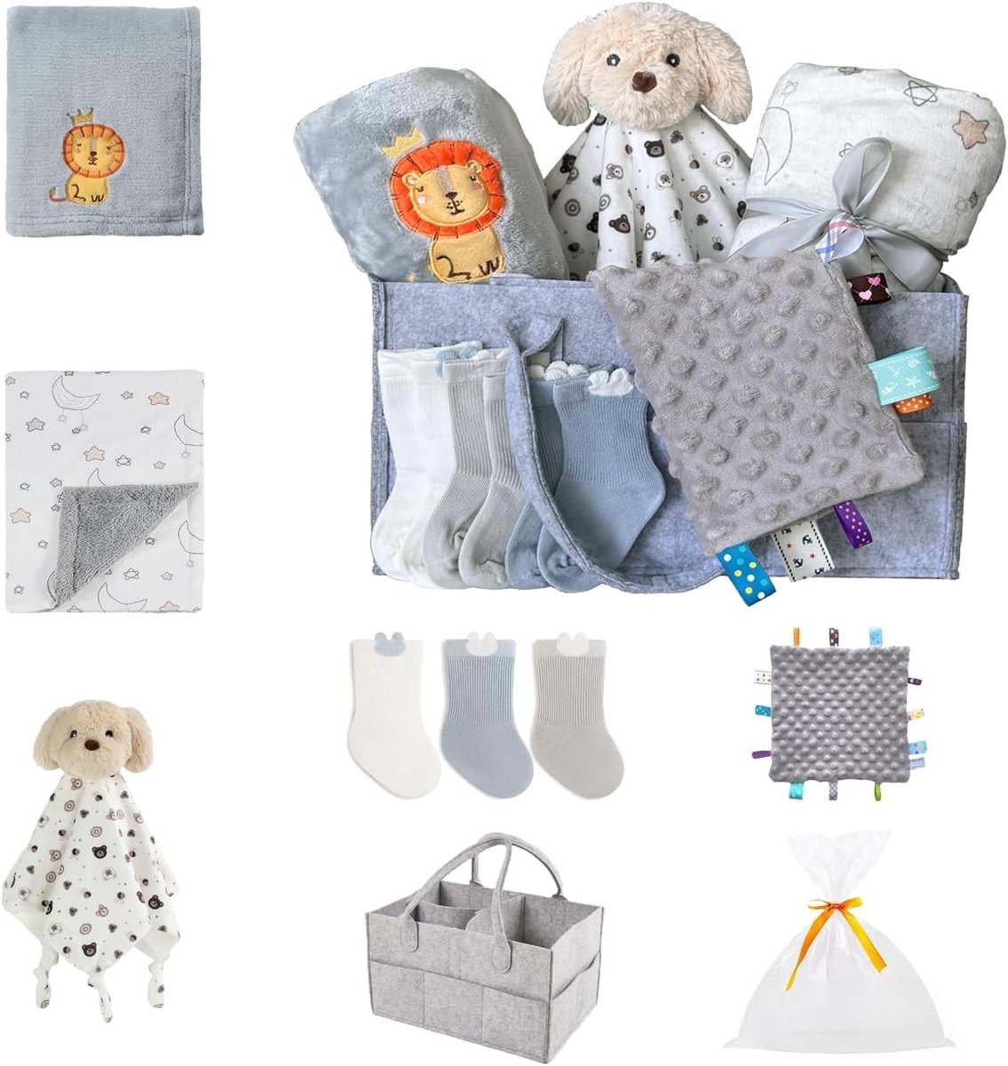 SnelShoppen - Newborn Gift Set, Complete Baby Cadeauset met Luiertas, 2 Zachte Dekens, 1 Taggie Speelgoed, 1 Knuffel, 3 Paar Sokjes, Inclusief Cadeaut
