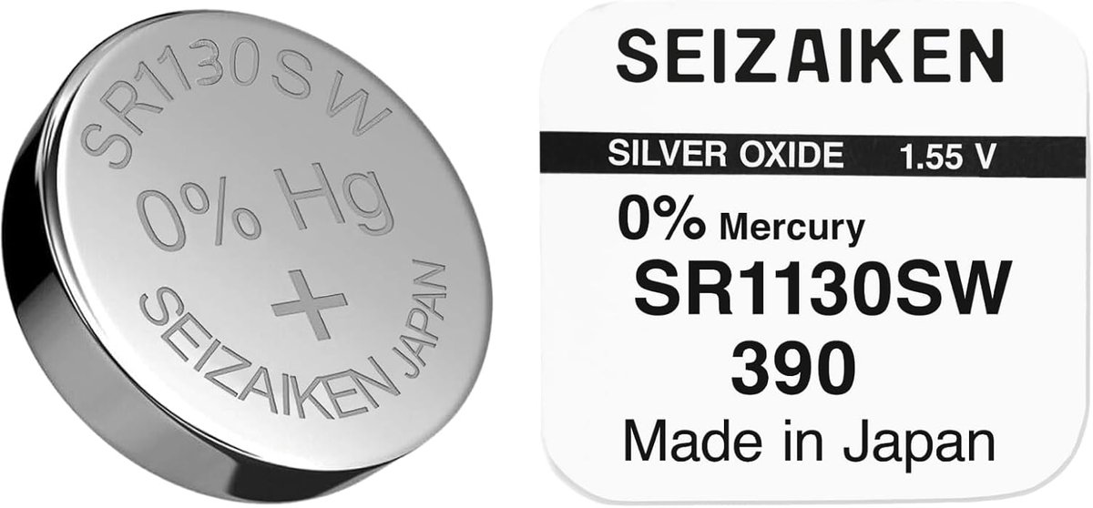 SnelShoppen - 1 stuk knoopcelbatterij 390 SR1130SW 1.55V zilveroxide, 0% kwik, perfect voor horloges, 100% made in Japan