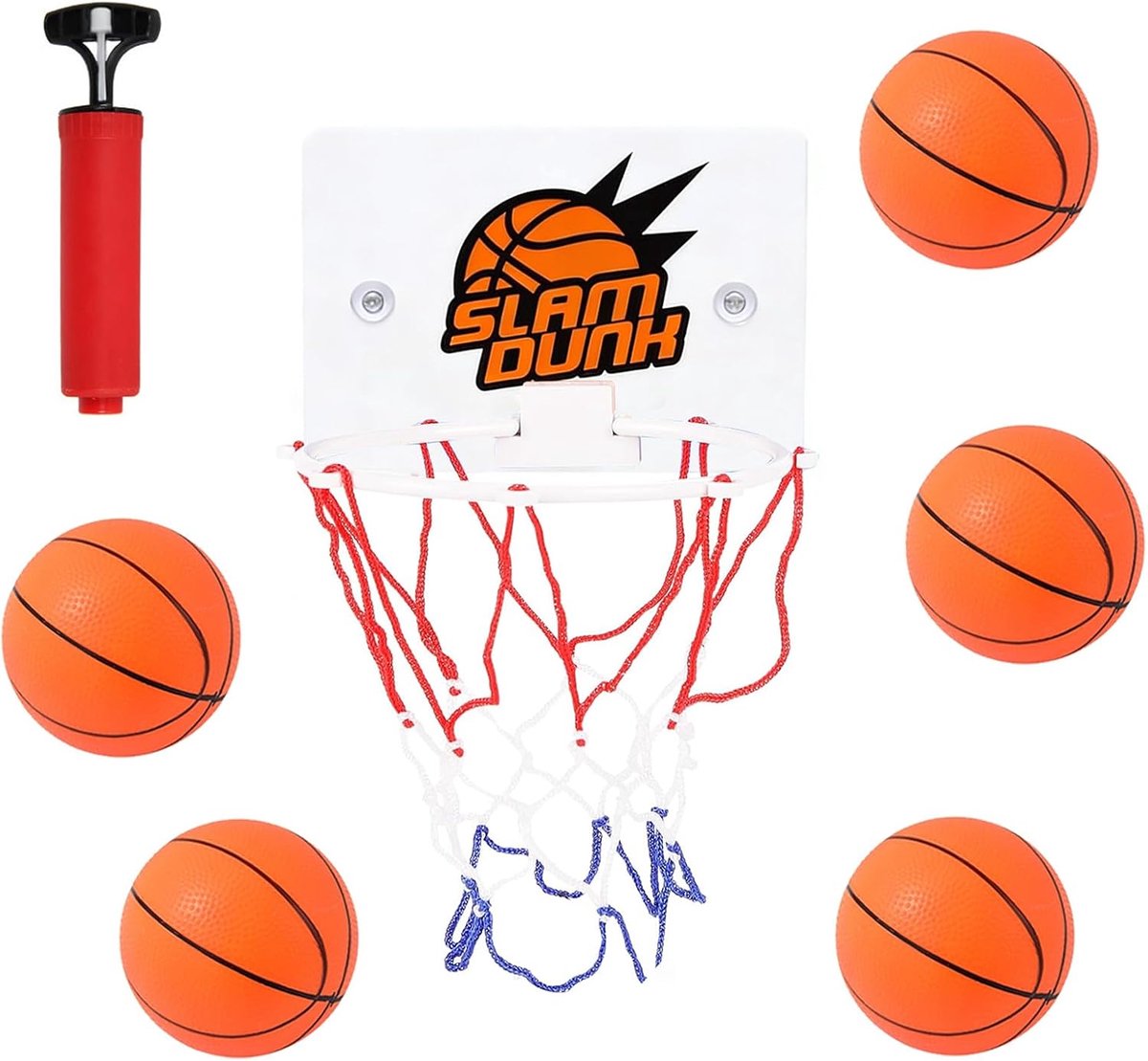 SnelShoppen - 7-delige Mini Basketball Set voor Kinderen en Volwassenen, Incl. Suction Cup Basket, 5 Mini Basketballetjes, Air Pump, Perfect als Bad S