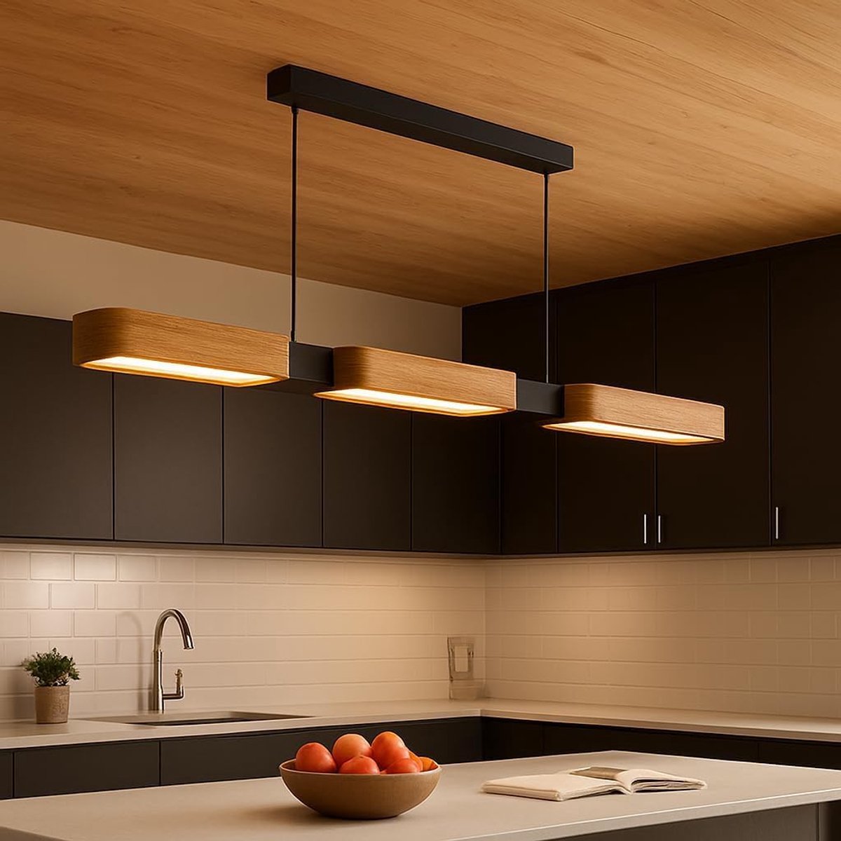 SnelShoppen - Modern Houten Kroonluchter 90 cm LED Hanglamp Dimbaar 3000K-6500K met Afstandsbediening en Geheugenfunctie voor Eetkamer en Keuken