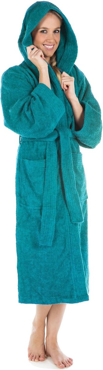 SnelShoppen - Unisex Badjas met Capuchon of Sjaalkraag - Lange, Effen, Met Patches - Warm Katoen, Oeko-Tex, Turkijs - Ideaal voor Thuis, Sauna en Well