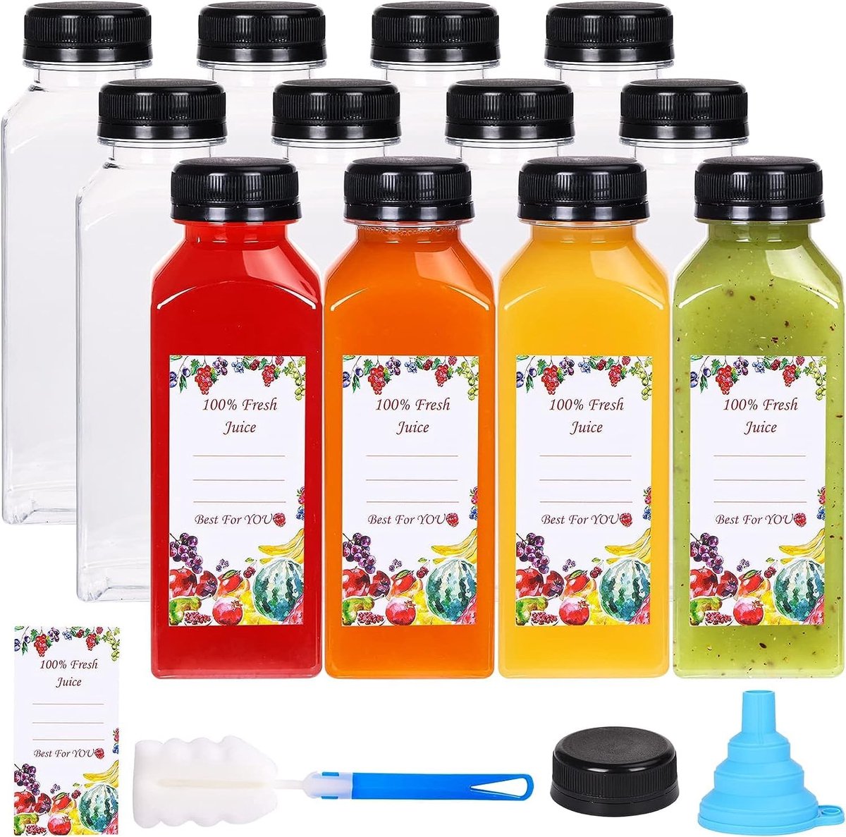 SnelShoppen - 12x Plastic Sapflessen met Tamper Caps, 12oz/360ml Lege Heldere Drinkcontainers, Herbruikbare Waterflessen met Deksel, Labels, Trechter