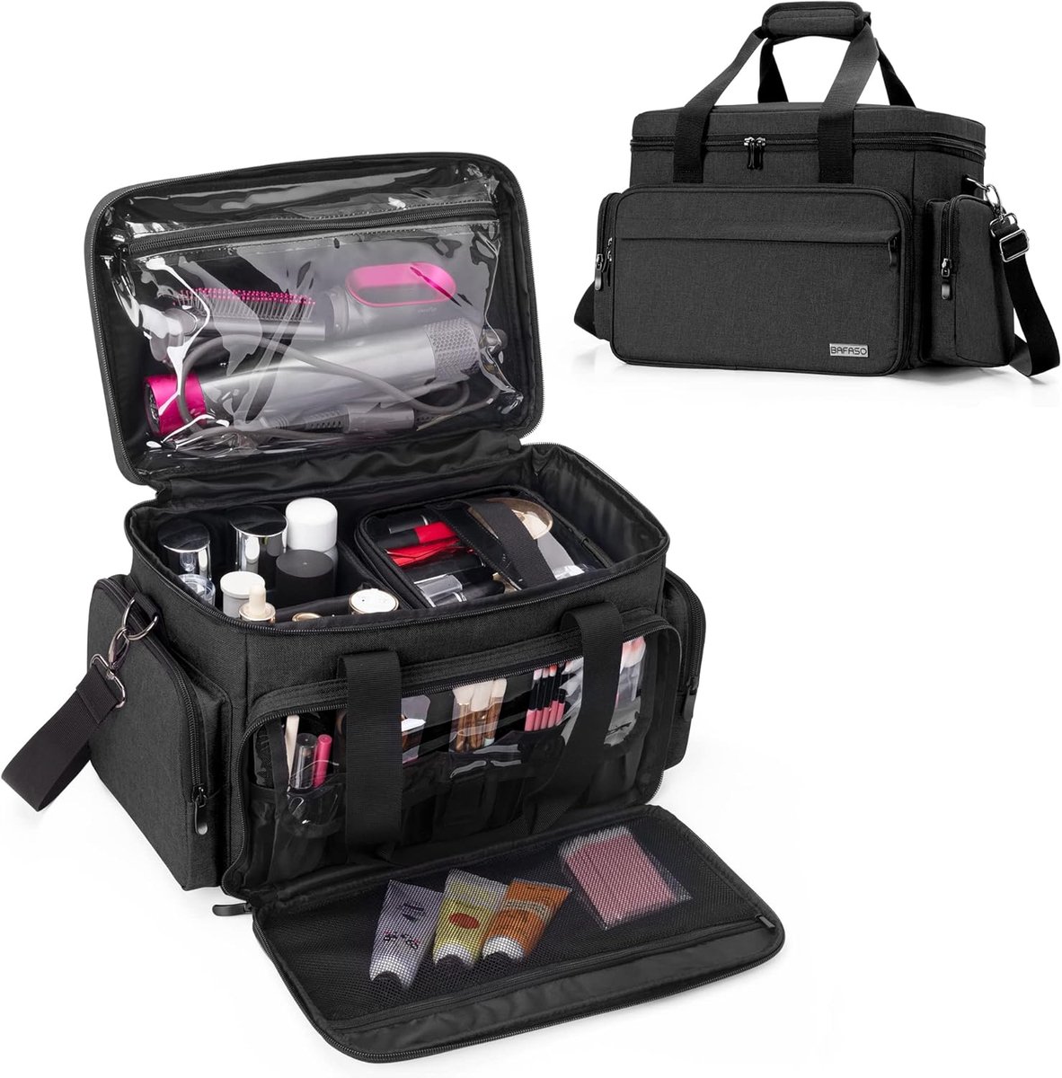 SnelShoppen - Cosmeticazak met 2 verwijderbare binnenzakken, Zwart, Modern, Hoge Kwaliteit Nylon, Perfect voor Reizen, Make-up, Organisatie