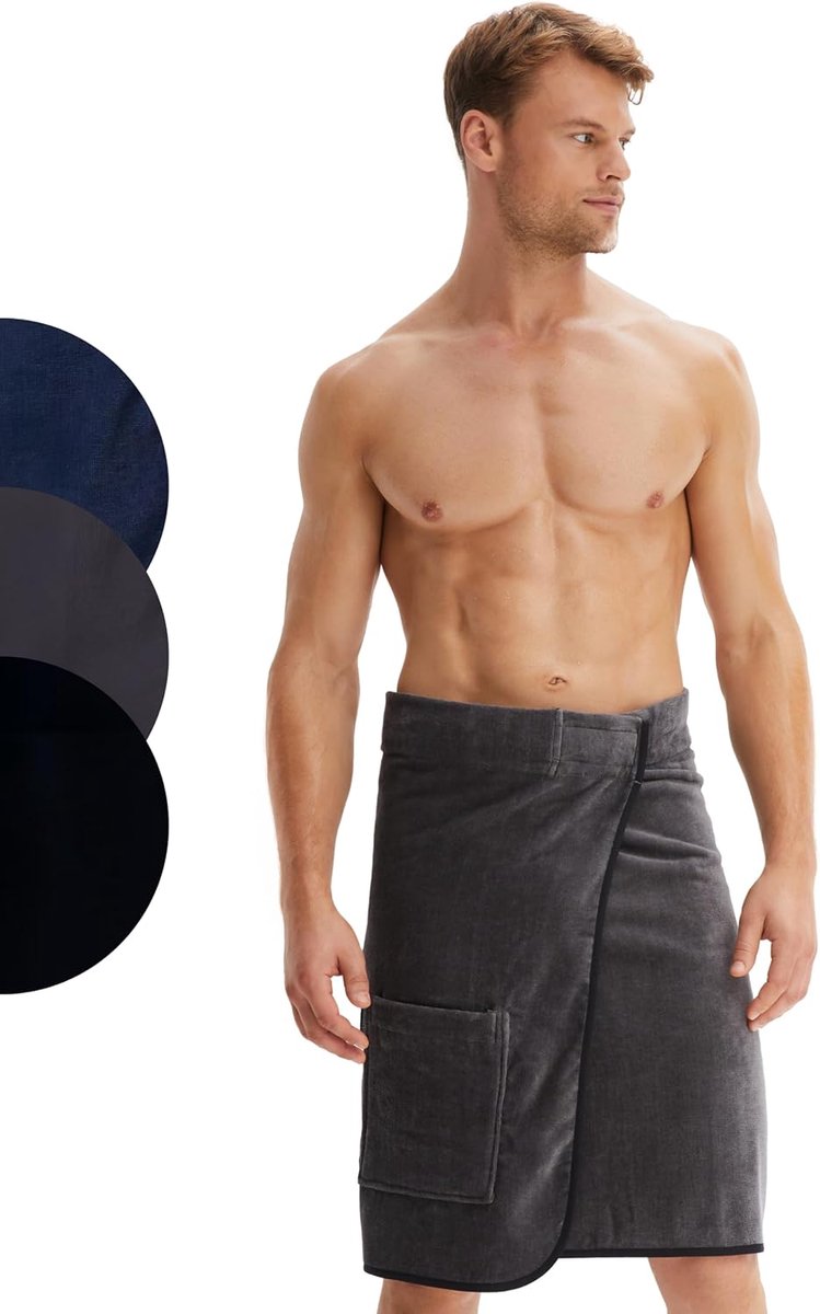 SnelShoppen - Badhanddoek Mannen I Sauna I Spa I Velours I 100% Katoen I 60 x 146 cm I Grijs I Met Zak en Rits