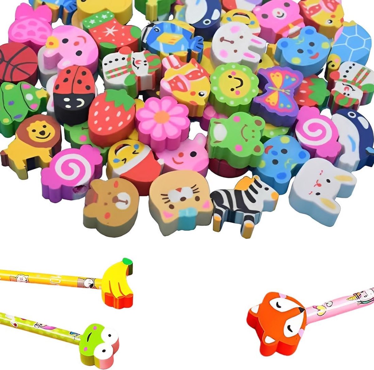 SnelShoppen - 30 Stuks Grappige Dieren Gummen voor Kinderen 2-3 cm, Gemengde Kleuren, Perfect voor Feestgeschenken en Schooltassen