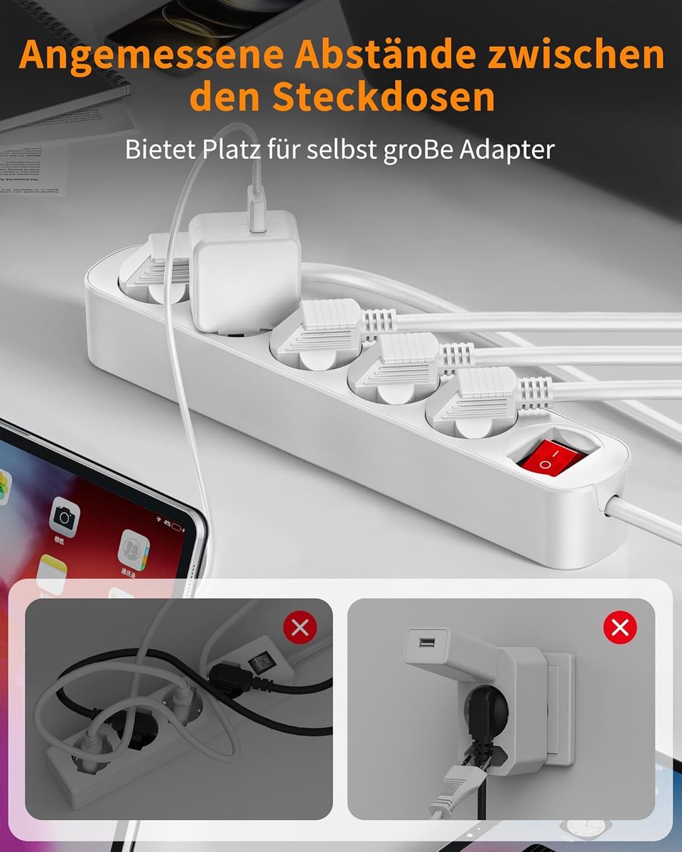 SnelShoppen - 5-Voudige Stekkerdoos met Energie Besparingsschakelaar, 3 Meter Koper Kabel, Wit, Voor Thuis, Kantoor en Elektronica
