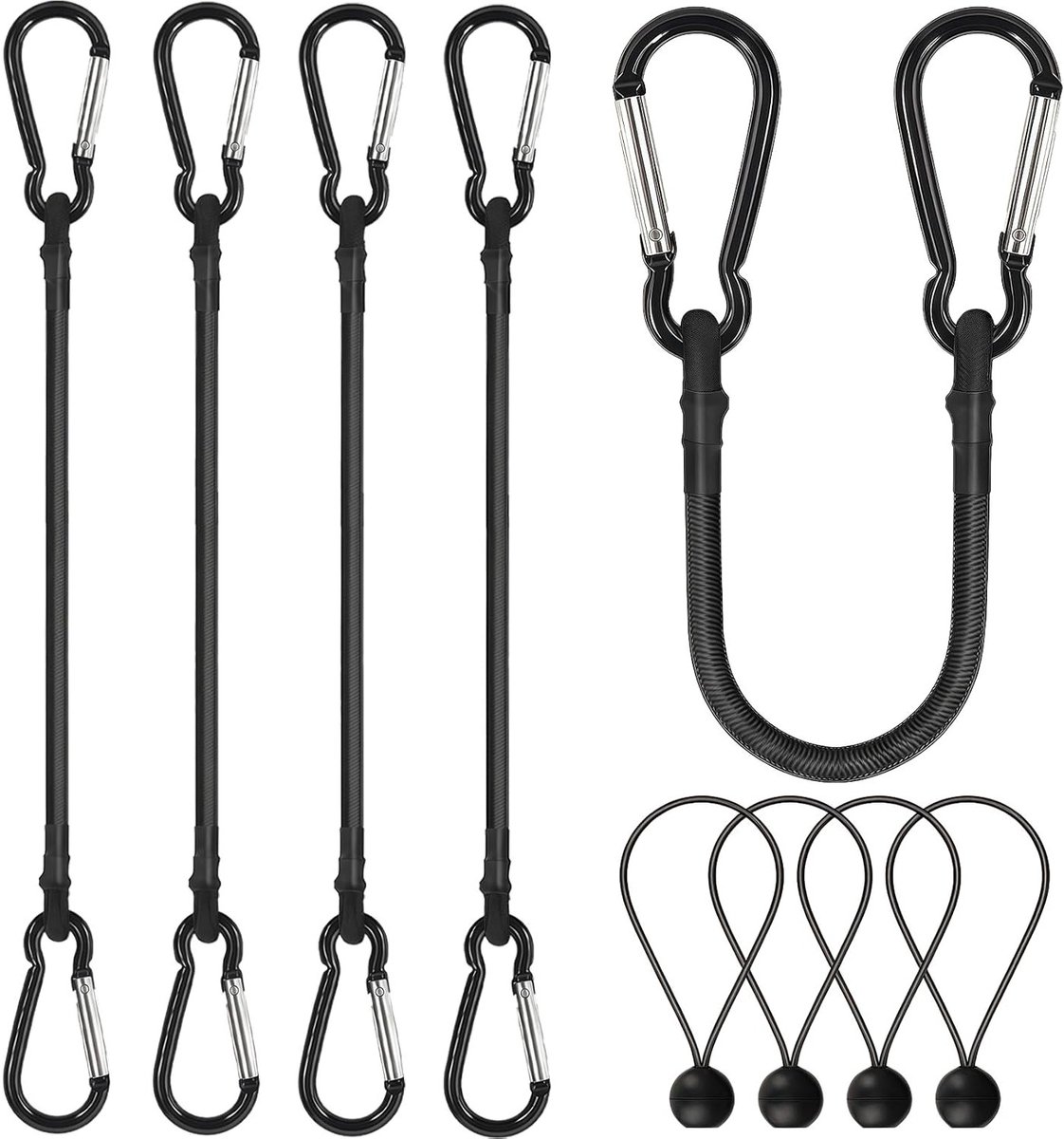Elastisch touw met karabijnhaak - 4 stuks, 61 cm, ideale spanner voor zonnezeil, dekzeilen, camping en vervoer van goederen