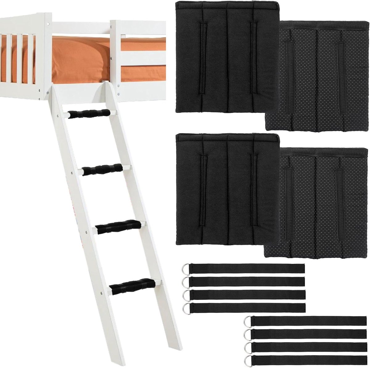 SnelShoppen - 4Pcs Bunk Bed Ladder Pads - Zachte Antislip Foam Bescherming - 13mm Dikte - Verstelbare Klittenband Straps - Zwart voor Bunkbedden en St