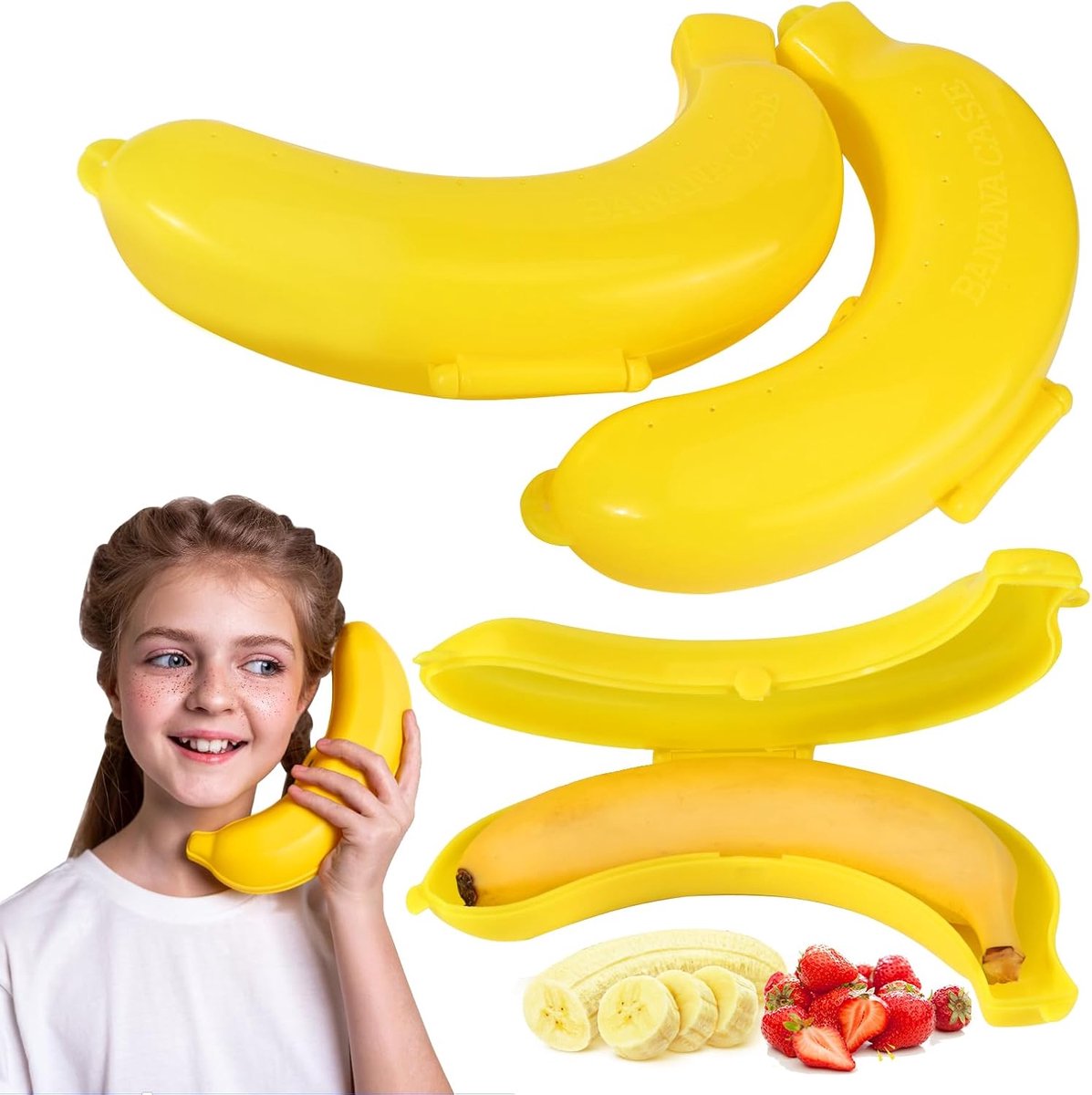 SnelShoppen - 3 Pack Banana Box - Plastic Banana Case voor Bescherming van Bananen - Ideaal voor School, Camping, Handbagage - Geel - Duurzaam en Hand