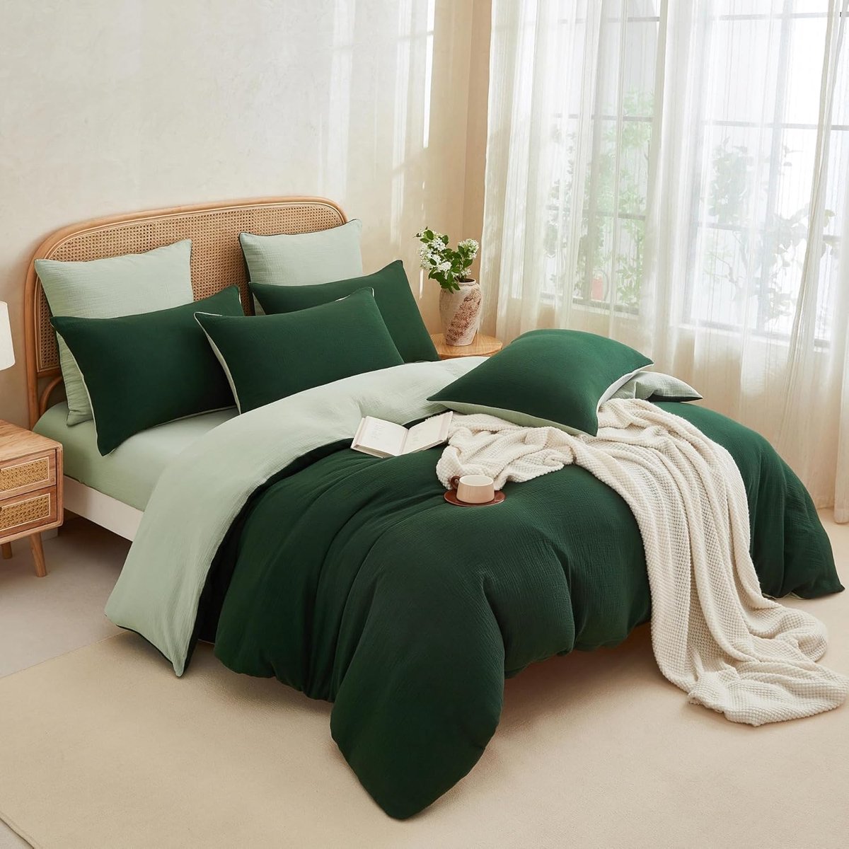 SnelShoppen - Muslin Dekbedovertrek Set 200 x 200 cm - Donkergroen - 100% Katoen - Inclusief 2 Kussenslopen 80 x 80 cm - Ademend en Zacht - Perfect vo