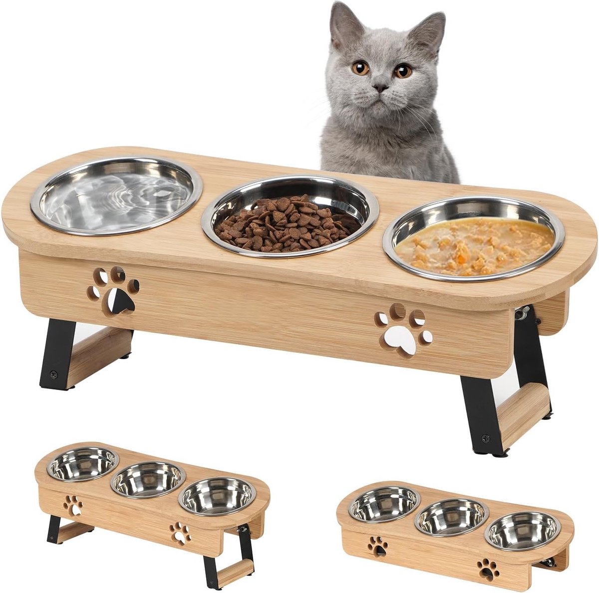 Verhoogde Kattenvoerstation met 3 RVS Schalen - In hoogte verstelbare kattenvoederbak voor water en voedsel, ideaal voor gezonde voeding en comfort