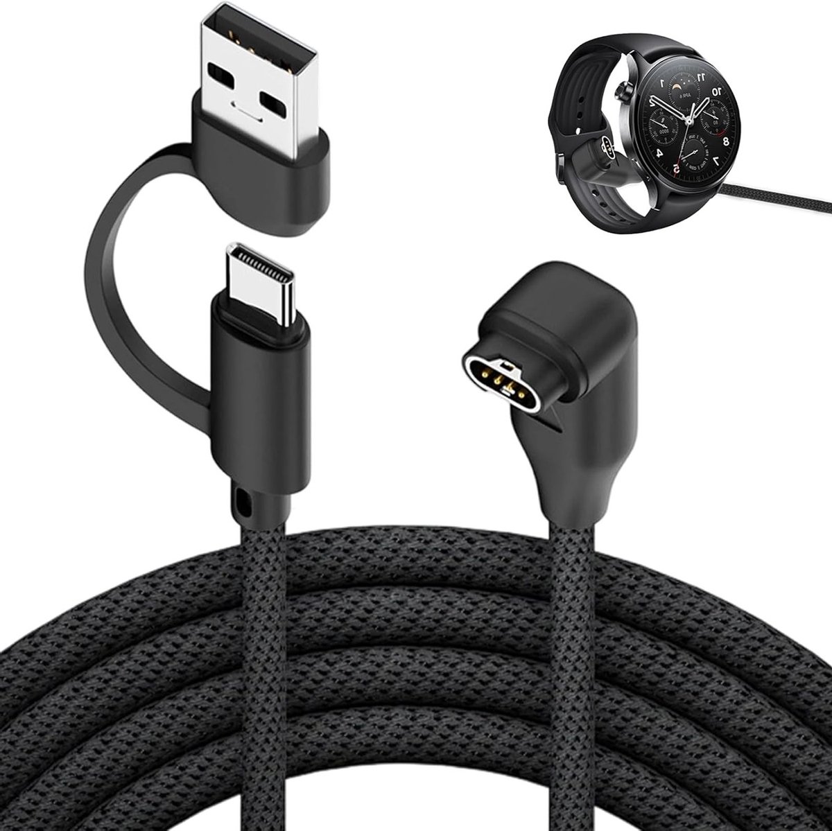 Oplaadkabel 2-in-1 USB C voor Smartwatch, 1 Meter Gevlochten Nylon met Gebogen Connector, Snellader voor Fenix 8 7X 7 6, Forerunner 965 955 255 55, Instinct 2, Venu 3