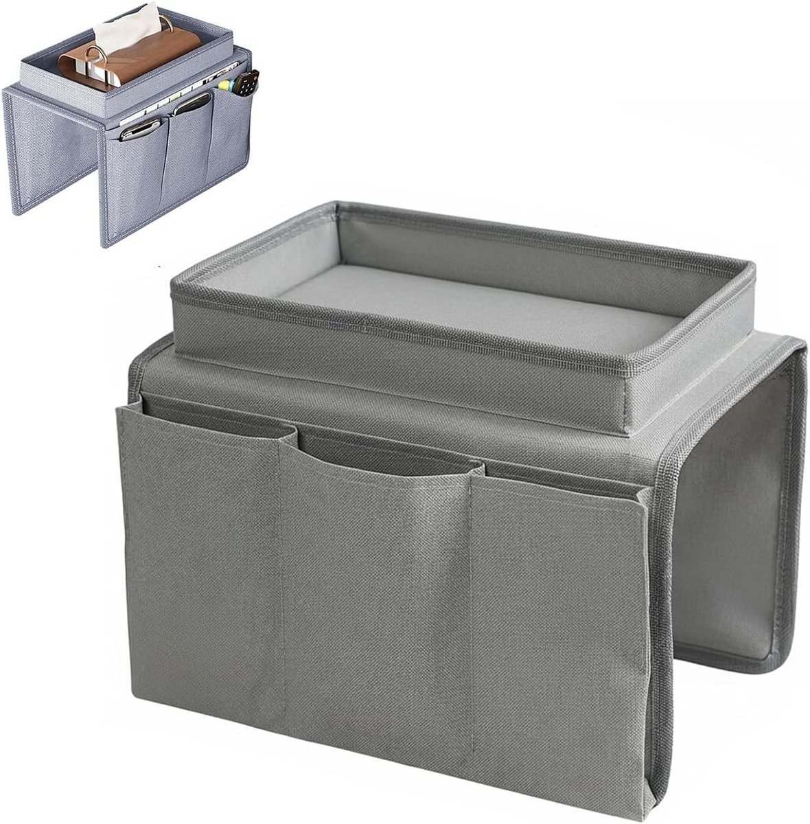 Armsteun dienblad voor bank - multifunctionele organizer voor boeken, tijdschriften, afstandsbedieningen en snacks in grijs Oxford-stof