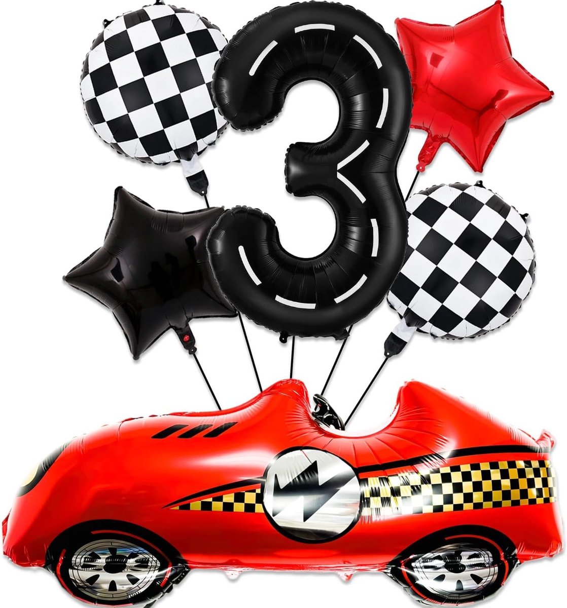 SnelShoppen - Verjaardagsdecoratie voor 3 Jaar, Auto Thema, 3e Verjaardag Jongens, Ballonnen Set, 101 cm Cijfer 3, Racing Car, 6 Stuks, Aluminium 40 I