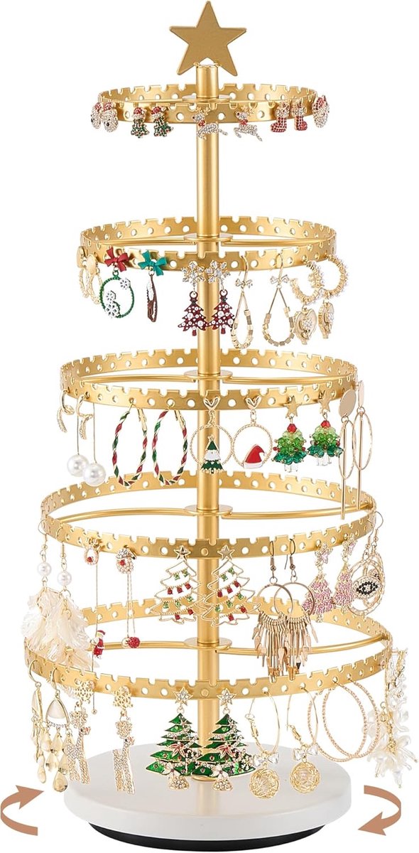 SnelShoppen - 5-Lagen Draaiende Sieraden Stand, Oorbellen Houder Organisator Boomvormige Rek voor 100 Pairs Stud & Hang Oorbellen - Goud