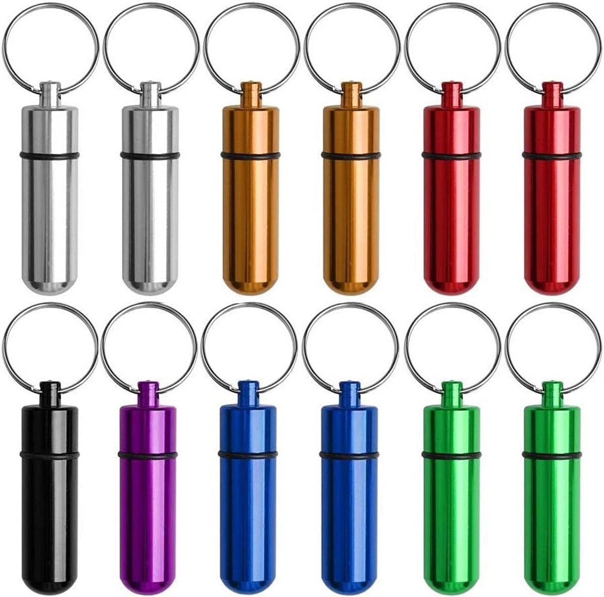 Mini Aluminium Pillendoos Sleutelhanger - Waterdichte Tablet Box voor Reizen - 12 Stuks in 7 Kleuren, Compact en Handig voor Medicijnen