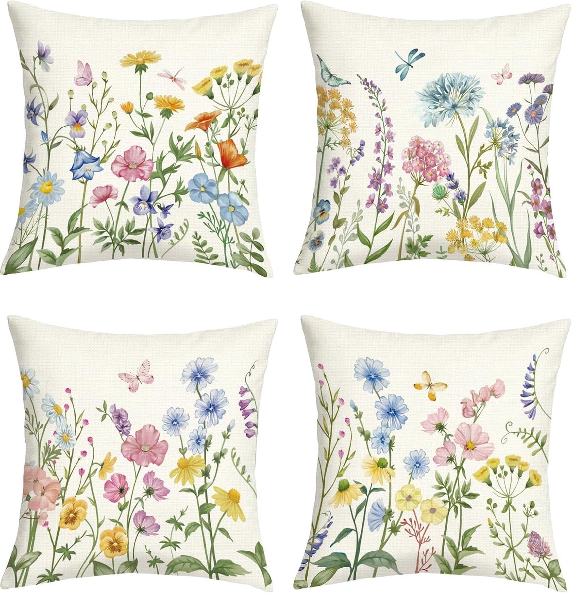 SnelShoppen - Set van 4 Kussenhoezen 45x45cm met Kleurrijke Bloemen en Groene Bladeren - Decoratieve Sofa Kussens voor Lente/Zomer - Polyester, Farmho