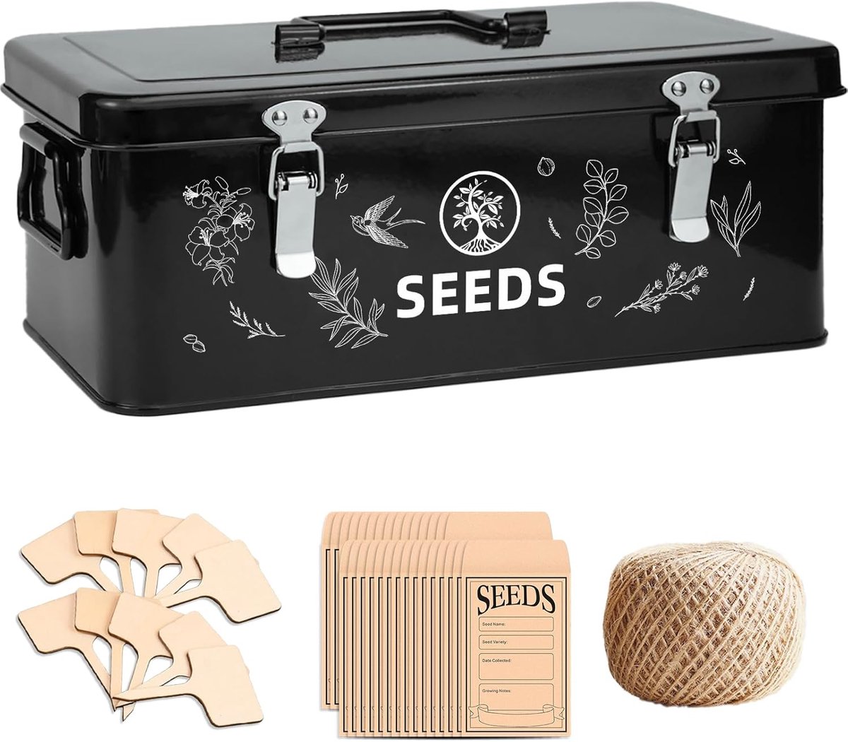 SnelShoppen - Seed Storage Box - Tuin Bewaarbox voor Zaden met 30 Zadenzakjes, Bamboo Plant Labels en 4 Compartimenten - Zwart, Hoogwaardig Metaal