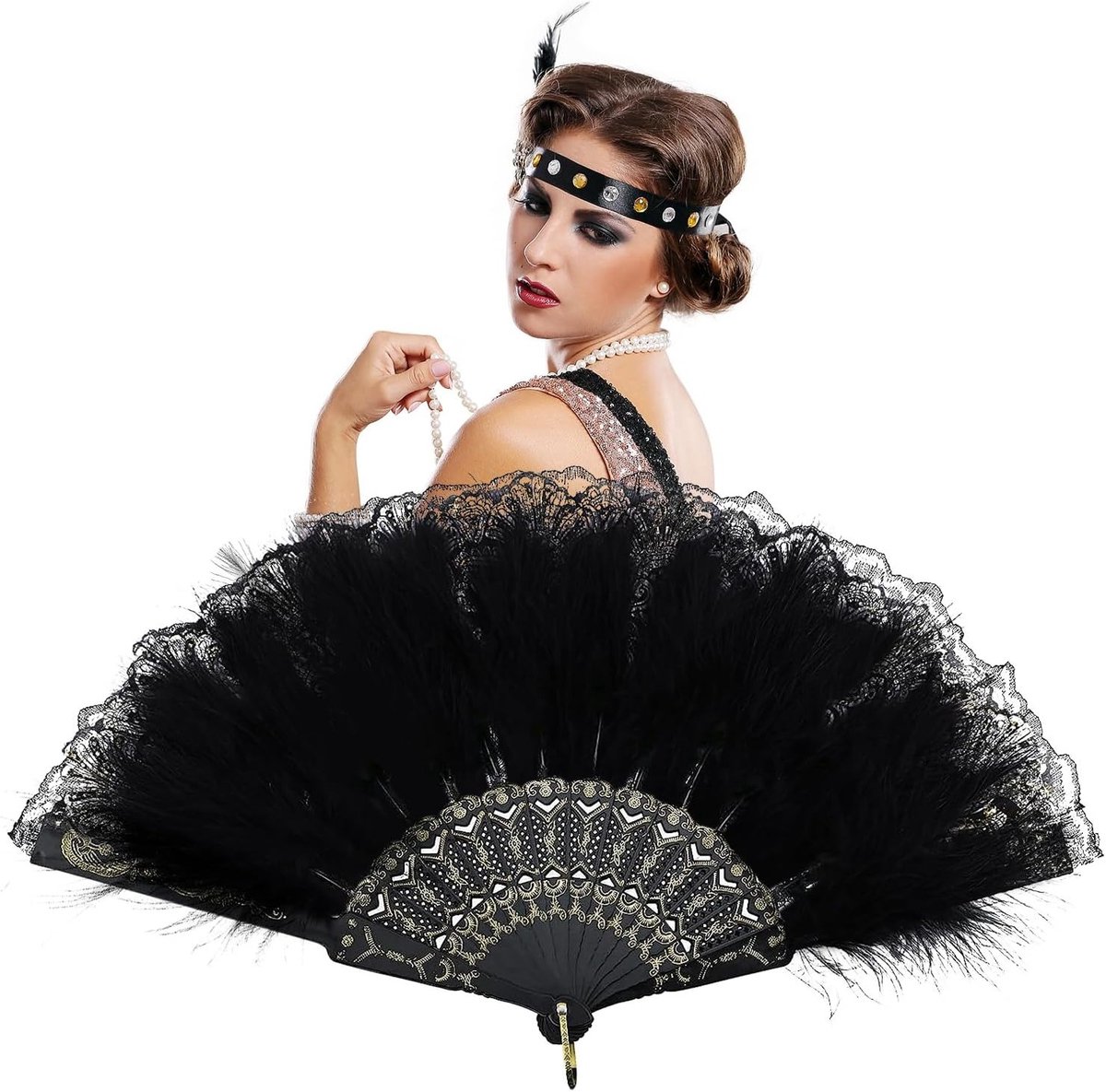 Zwarte Lente Waaier met Veren en Kanten voor Vintage Kostuums, Bruiloften en Feestjes - Perfecte Accessoire voor Dansshows en Carnavals