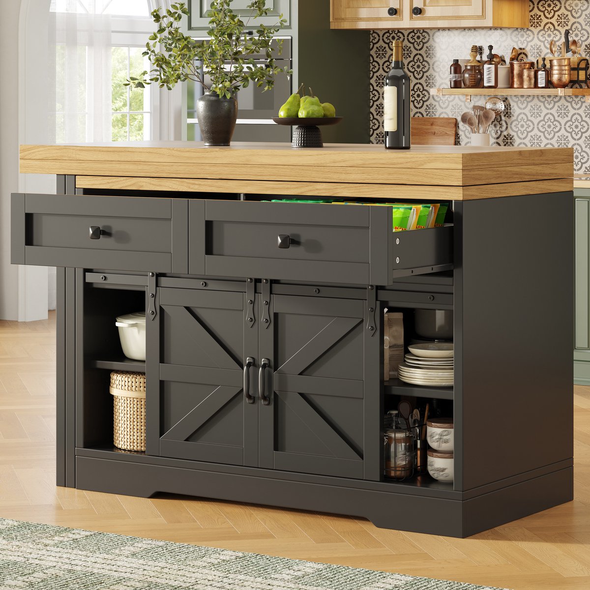 STILVORA Keukenkast - Uitschuifbare Keukeninsel Met Draaibaar Blad En Opbergruimte - Voor Koken En Dineren - MDF - Zwart - 120-197x40x72 Cm