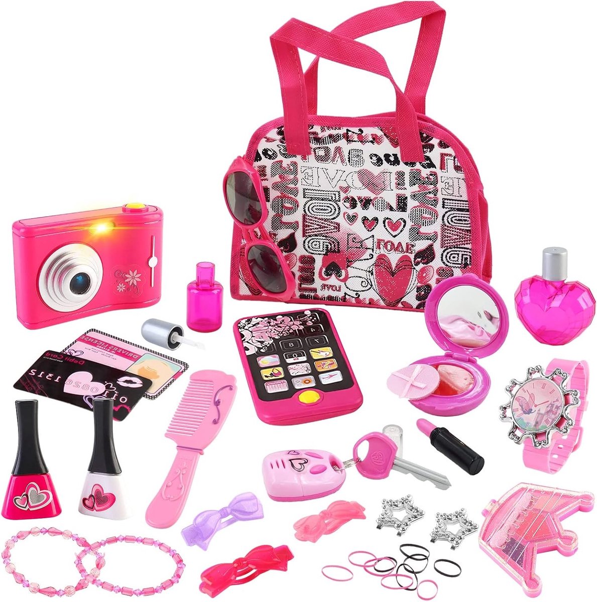 Handtas en schoonheids speelset met speelmake-up, accessoires, speelgoedcamera en speelgoedtelefoon voor creatief spel