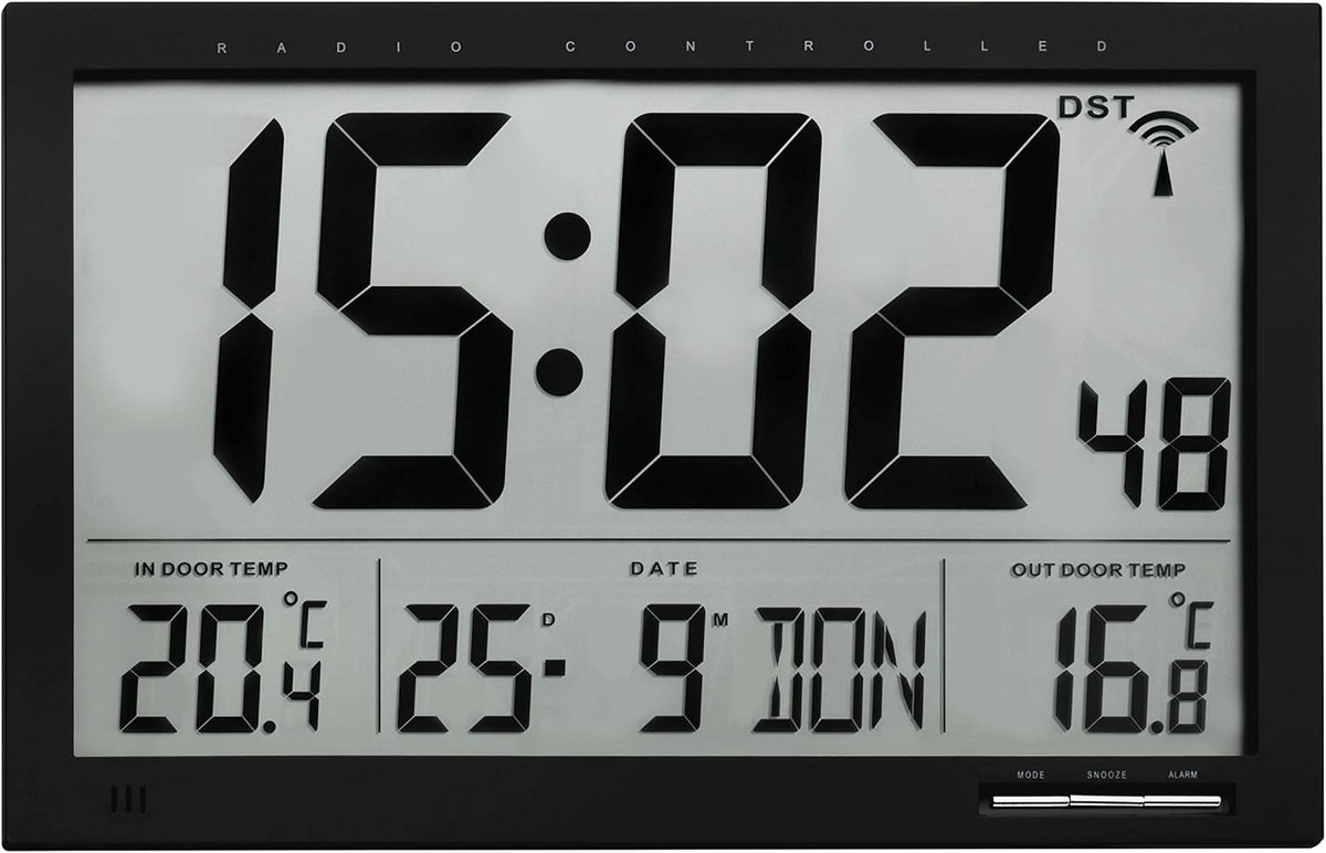SnelShoppen - Radiogestuurde Klok met Binnen en Buiten Temperatuur, Alarm met Snooze, Groot Display, Zwart, Voor Thuis en Kantoor