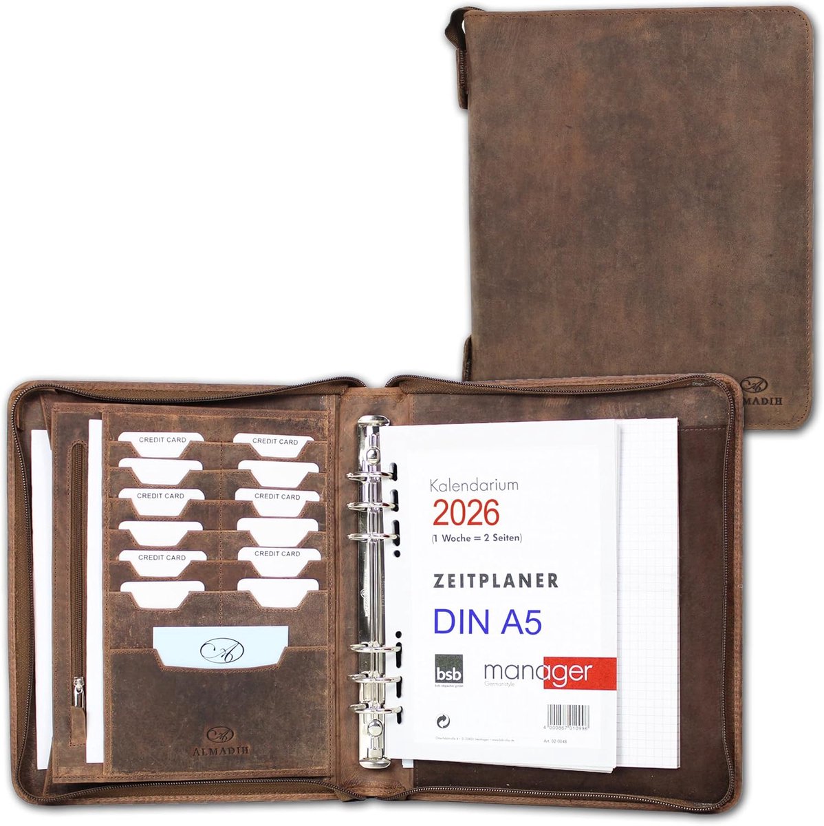 SnelShoppen - A5 leren organizer met rits + kalender 2026, schrijfblok, premium volnerf leer, bruine ringband, afsprakenplanner, conferentiemap, multi