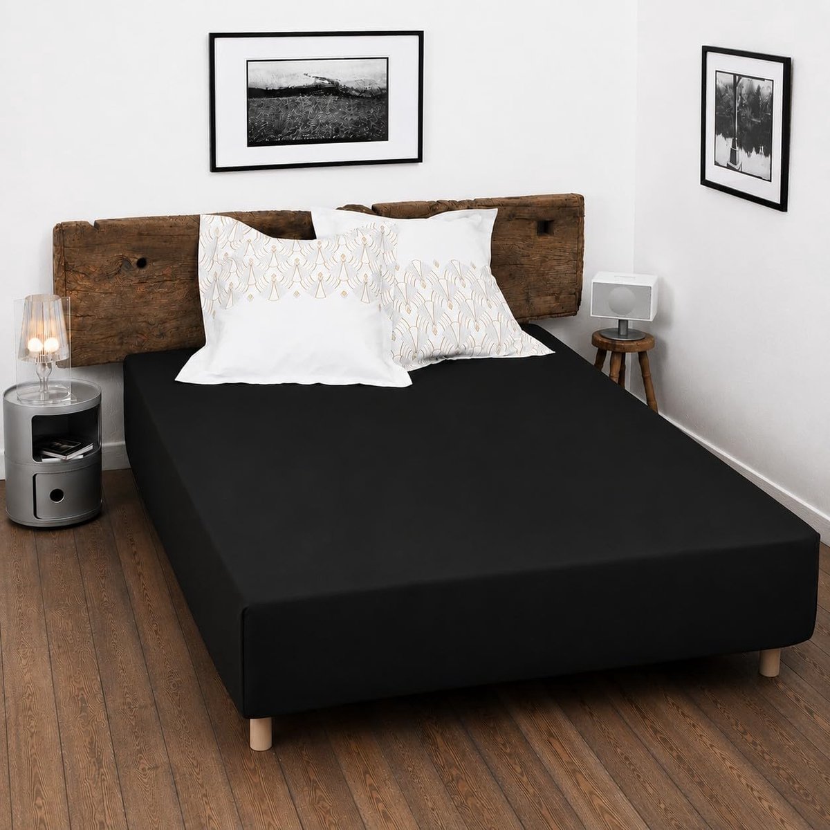 SnelShoppen - Fitted Sheet 180 x 200 cm - 100% Katoen - Zwart - 57 Draad/cm² - Ademend en Zacht - Geschikt voor Bedden met Hoekhoogte 25 cm
