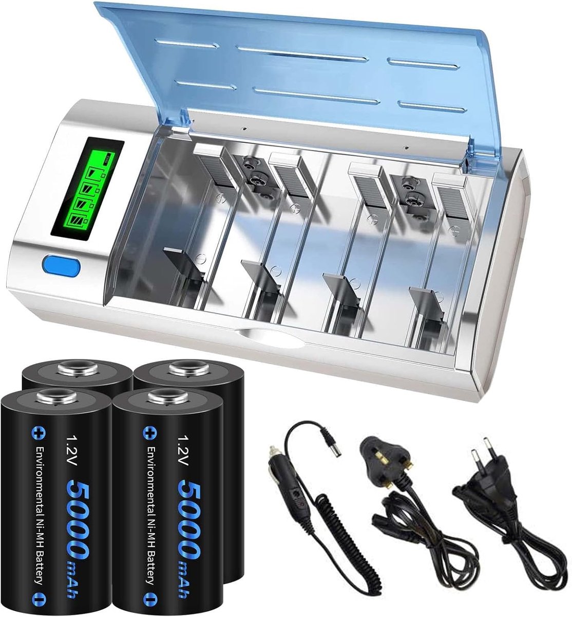 SnelShoppen - Universele LCD Oplaadbare Batterij Lader met Ontlaafunctie voor AA, AAA, C, D, 9V NiMH NiCD Batterijen + 4 x 5000mAh C Batterijen