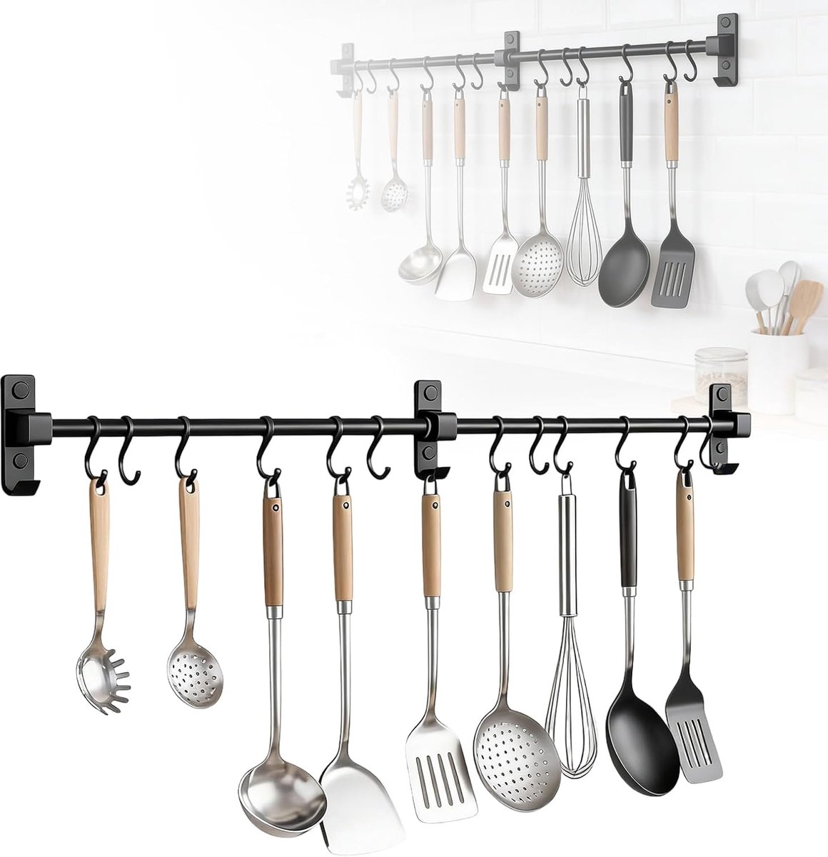 SnelShoppen - Keuken Haakstrip 80 cm Aluminium met 12 Verplaatsbare Haken - Zwart - Ideaal voor het Ophangen van Snijplanken, Lepels, Scharen en Meer