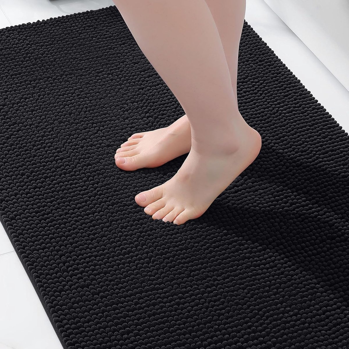 SnelShoppen - Chenille Badmat 60 x 90 cm, Zwart - Antislip, Wasbaar, Ultra-Absorberend, Zachte Badmat voor Badkamer, Comfortabel en Luxe Voelen