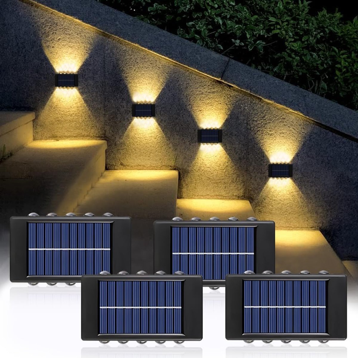 SnelShoppen - Pack van 4 Solar LED Wandlampen Buiten - Oplaadbare Tuinverlichting - IP65 Waterdicht - Perfect voor Trappen, Patio, Tuin en Buitenruimt