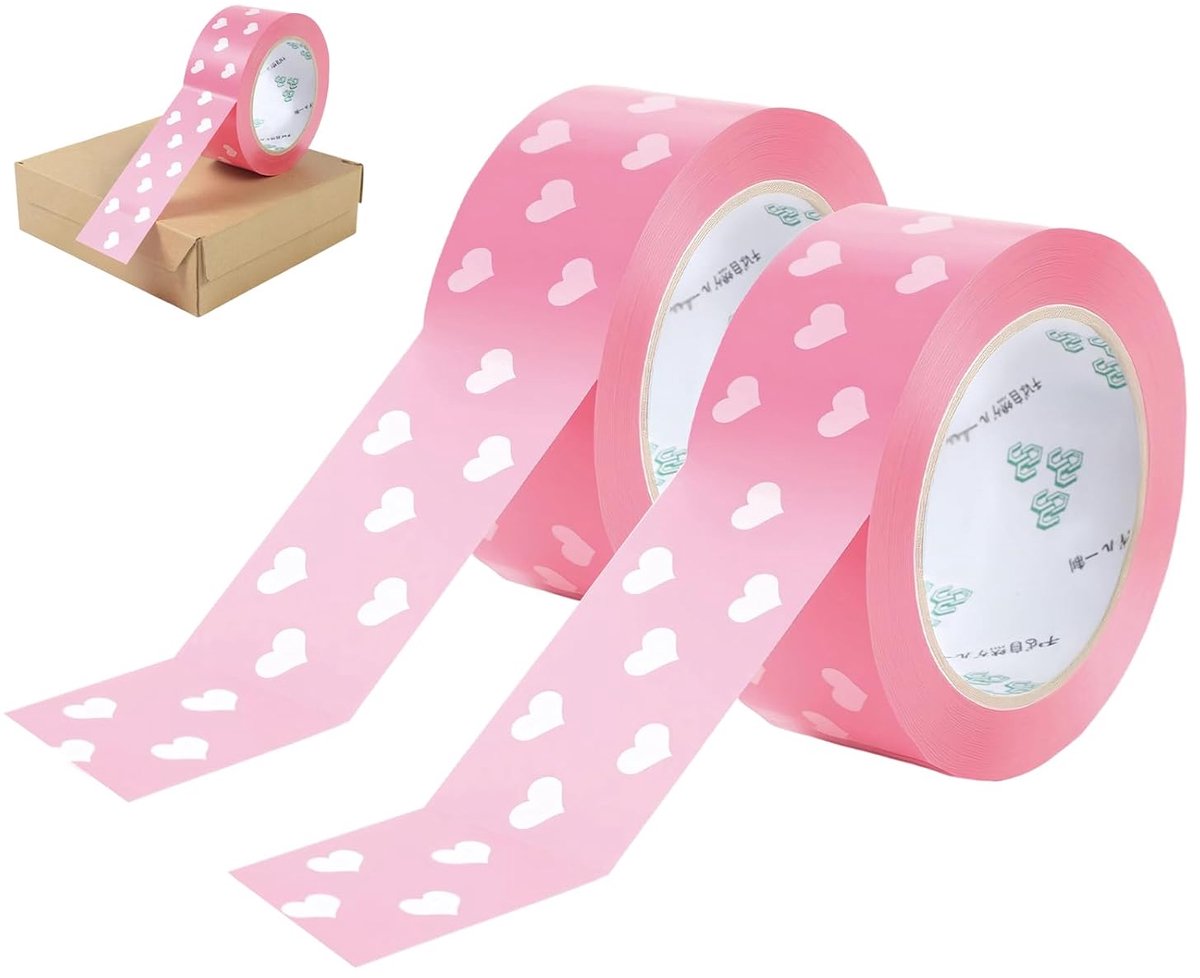 SnelShoppen - 2 Rollen Verpakkingstape, Roze, 91.4m x 45mm, Decoratieve Hartvorm, Persoonlijke Cadeau Tape, Knutselen, Scrapbooking, Feestdecoratie