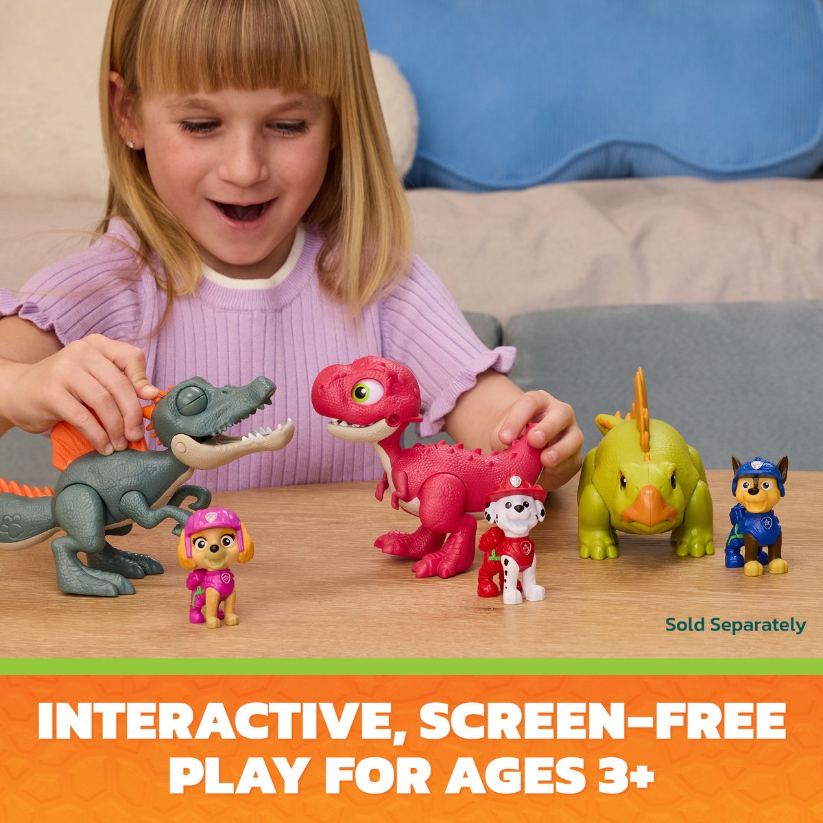 PAW Patrol - De Dino Film - Marshall Roaring Pup Pals, bevat beweegbare speelgoeddinosaurus Rhubarb van 10,1 cm met geactiveerde geluiden en Marshall-actiefiguur — cadeau in Spellen & Speelgoed - foto 2