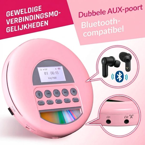 SP® CD Speler Draagbare - Draagbare Bluetooth CD Speler - CD Speler - Roze - 15cm x 15cm x 3cm van SP — afbeelding 2
