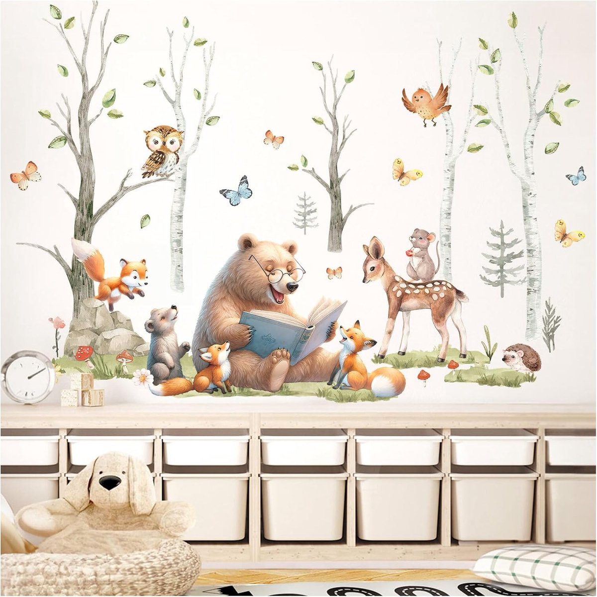 SnelShoppen - Wanddecoratie Wandstickers Dieren Beren en Vossen, Zelfklevend, 131 x 94 cm, Modern, Premium Kwaliteit, Kinderkamer, Speelkamer, Natuur